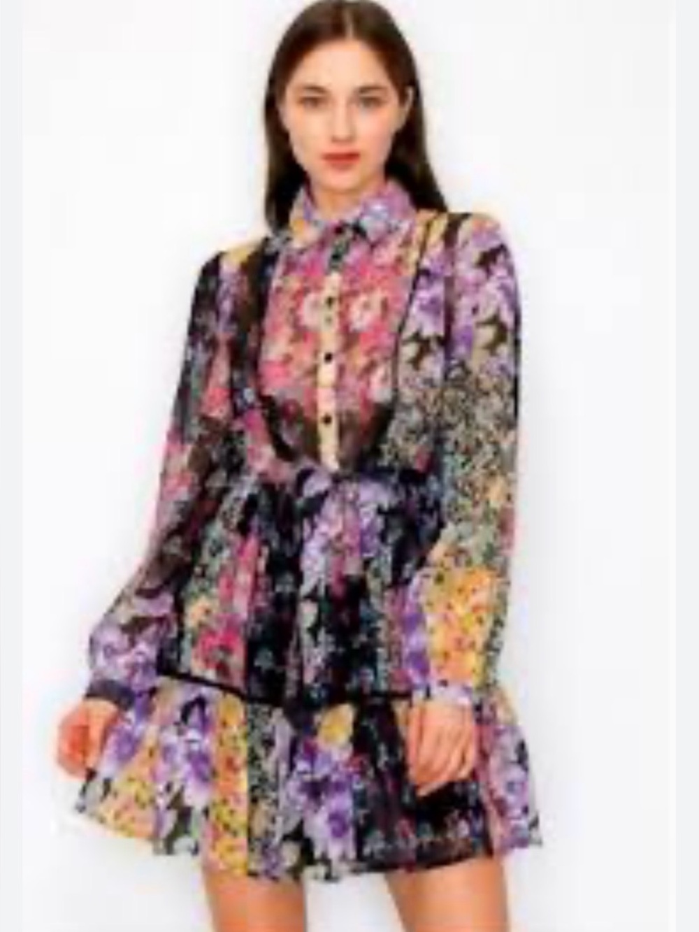 Zara Black Floral Long-Sleeve Tiered Mini Dress with Purple and Pink Accents